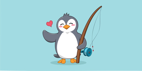 cheerful penguin holds a fishing rod expressing joy and playfulness