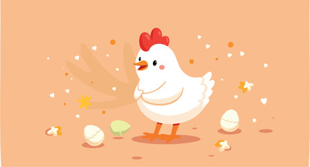 cheerful hen standing among broken eggshells symbolizing new beginnings and life.