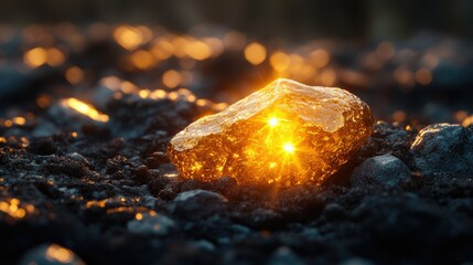 Glowing Gemstone on the Earth: A captivating image showcasing a luminous gemstone, emanating a warm, inviting glow, resting on a bed of earth.