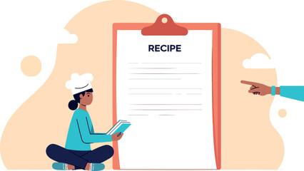 focused female chef attentively studies a cookbook next to a large recipe clipboard