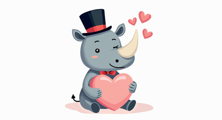 adorable cartoon rhino in top hat holding heart