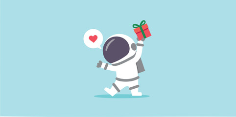 cheerful astronaut carrying a gift with a heart-shaped speech bubble