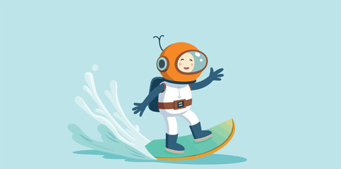 cheerful cartoon astronaut joyfully surfing on a wave