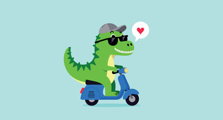happy green dinosaur riding a scooter