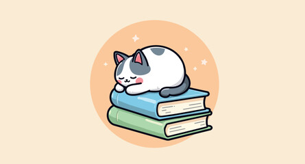 adorable cartoon cat napping peacefully on stack of books