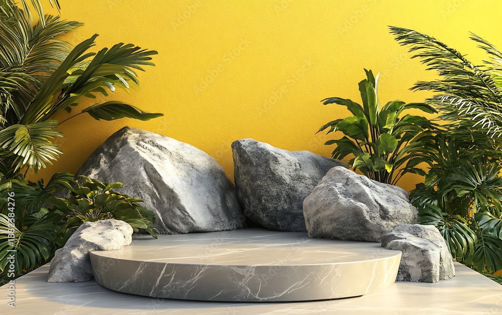 Poster 3d rendering of a podium with geometric shapes and rocks, minimal yellow background with abstract pl