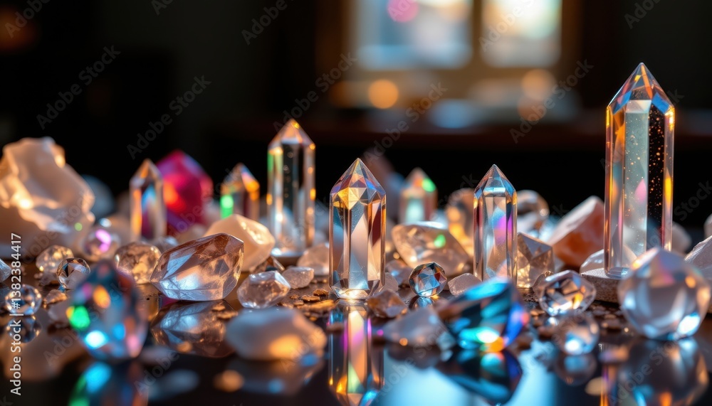 Poster crystal reflections a scene of crystals arranged artistically, reflecting light and creating a spect