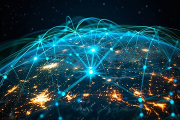 Global connectivity showcased through vibrant blue network lines illustrating data transmission across urban areas at night, highlighting the advancements in internet business communication