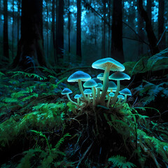 Fototapeta premium Enchanted Forest Glow: Bioluminescent Mushrooms in a Mystical Nighttime Landscape 