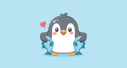 happy cartoon penguin holding two fish