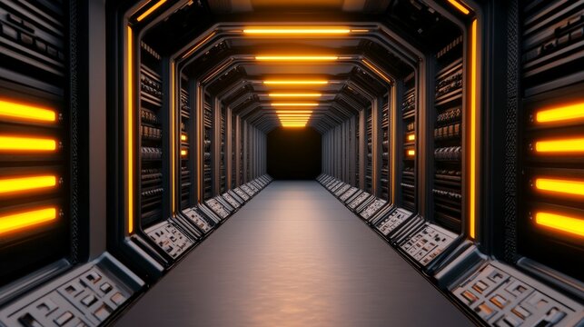 Futuristic Data Center Corridor with Neon Lights for AI and Scalability Concepts