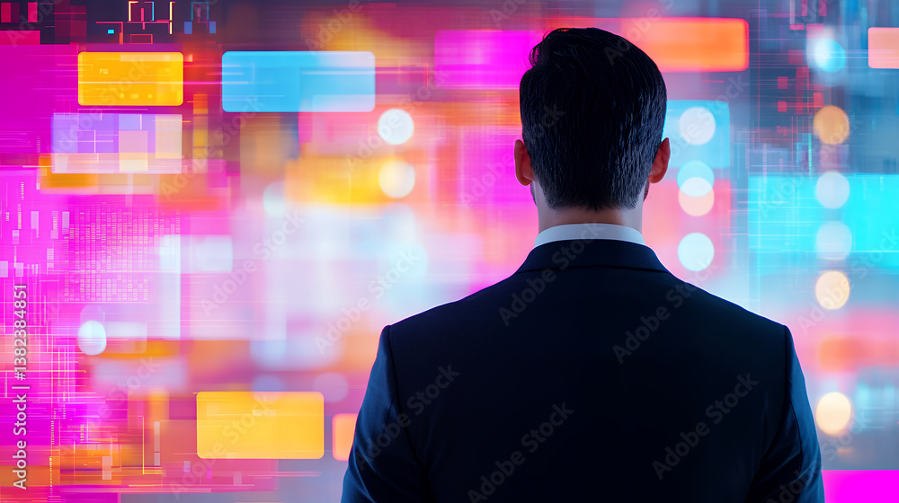 Poster man suit stands against vibrant, abstract digital background filled with colorful shapes and pattern