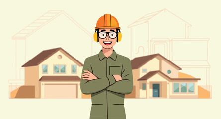 smiling construction worker with arms crossed confidently standing before house plans
