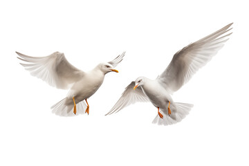 Obraz premium Two white seagulls flying with their wings spread out against a black color background image view on transparent background png