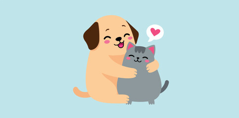 happy dog and cat embracing in a friendly hug