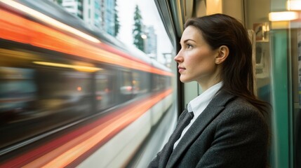 A woman watches a moving train from inside of another train