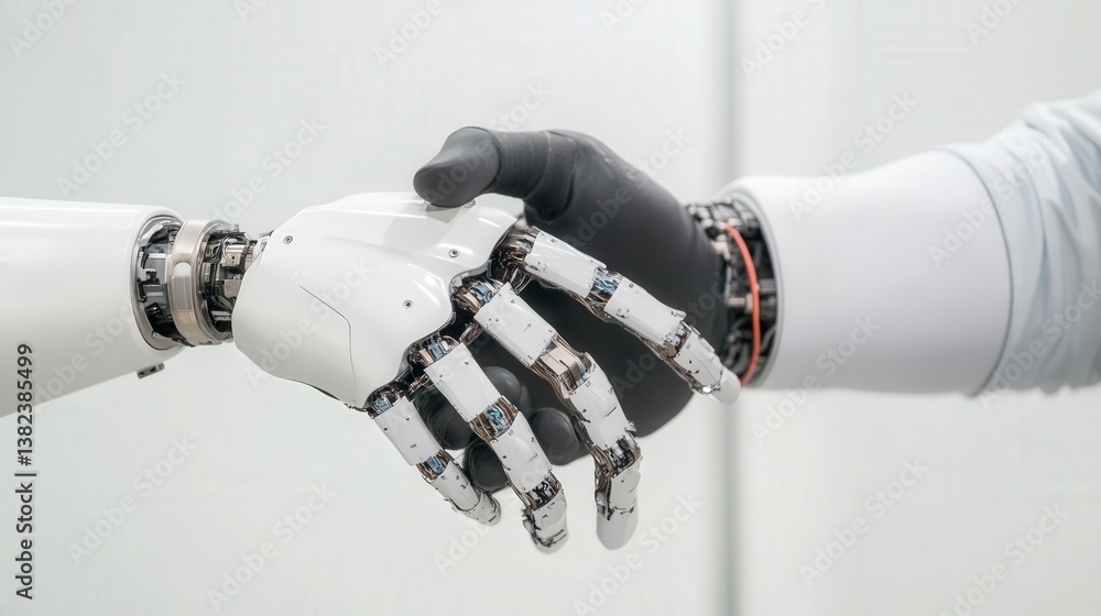 Poster advancements in ai and robotics: human and robot handshake demonstrating collaboration in technology