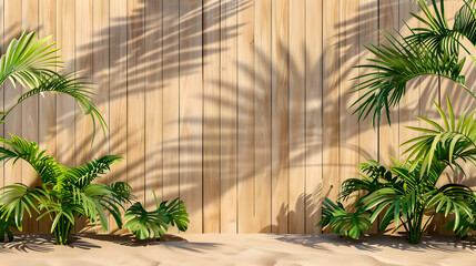 A serene tropical setting with palm plants casting shadows on a wooden wall.