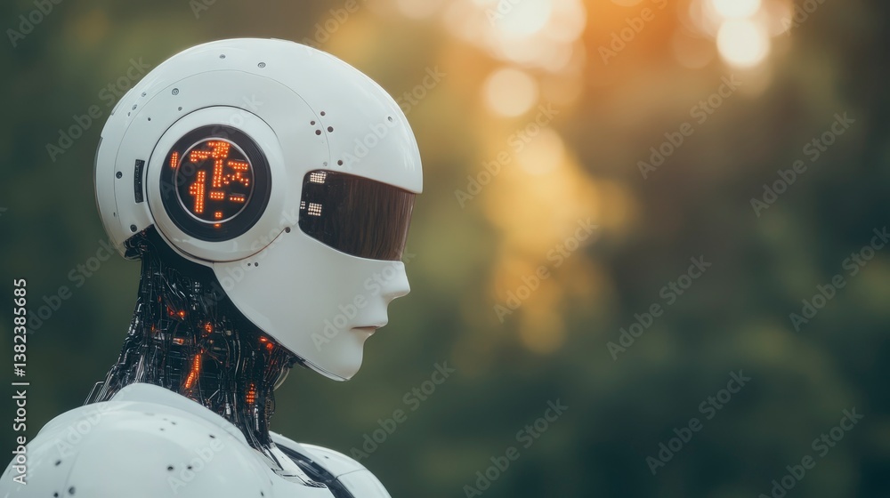 Poster ai driven robot head with digital display in natural background for social media analysis