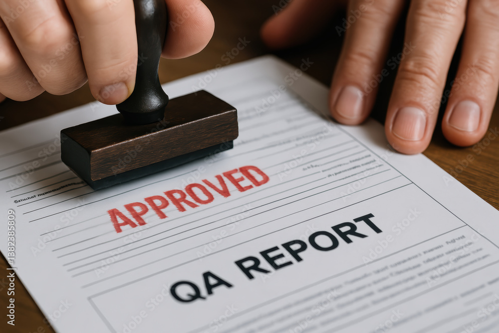 Poster document showcases quality assurance report being stamped with approved mark, emphasizing importance