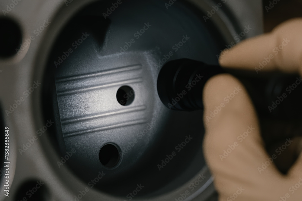 Poster inspecting mechanical component with flashlight ensures quality assurance manufacturing processes. t