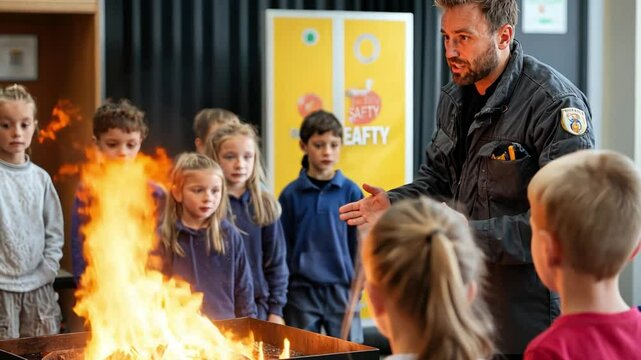 A fire safety demonstration at a school, teaching children how to react in case of a fire.