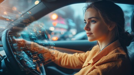 A woman driving a car with futuristic digital overlay technology