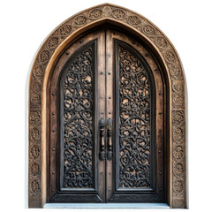 Ornate wooden arched door with intricate carvings and metal accents against a black background