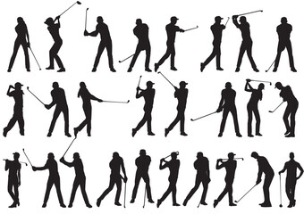 collection of golf player in different poses. golf player silhouette set. 
