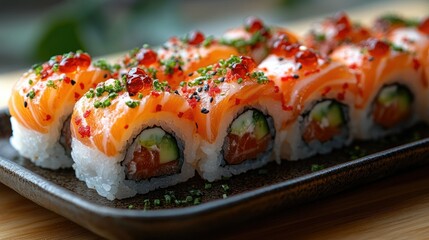 Sushi Delight: A close-up captures an array of elegantly crafted sushi rolls, adorned with fresh, vibrant ingredients on a stylish plate, inviting you to savor the experience.