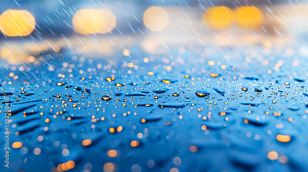 Aufkleber close up view of water droplets surface, creating beautiful bokeh effect with blurred lights backgro