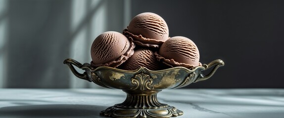 Obraz premium Chocolate ice cream scoops in an ornate bronze dish with moody lighting creating a rich luxurious and vintage inspired frozen dessert composition.