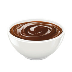 Realistic glossy chocolate sauce in white ceramic bowl with smooth texture, in high detail illustration, isolated on transparent background.


