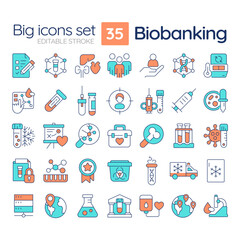 Biobanking line color icons set. Medical storage of bio specimens for research. Scientific examination of samples. Vector illustrations. Simple flat colorful symbols collection. Editable stroke