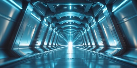Obraz premium Symmetrical futuristic hallway with blue neon light and repeating arches.