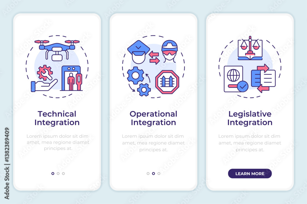 Poster areas of integration onboarding mobile app screen. ibm strategy. walkthrough 3 steps editable graphi
