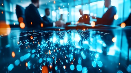 Business meeting with digital overlay in modern office