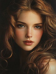 Fototapeta premium A young woman with long, voluminous, curly brown hair that frames her face. She has a fair complexion with soft makeup, emphasizing her eyes and lips