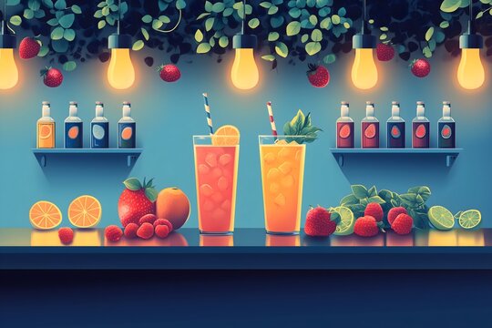 Fruit smoothie bar with vibrant colors, fresh fruits, and a lively atmosphere in an urban setting