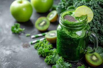 Fresh green health smoothie made with kale, kiwi, and green apples served in a glass jar mug on a countertop surrounded by fresh ingredients in the afternoon light