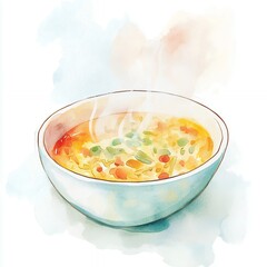 Warm Watercolor Vegetable Soup in Light Blue Bowl