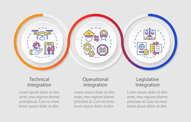 Areas of integration rectangular infographics. International collaboration for security. Visualization template 3 options. Horizontal flowchart with line icons. Myriad Pro-Bold, Regular fonts used