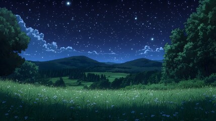 A beautiful night scene with a starry night sky above