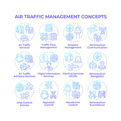 Air traffic management blue gradient concept icons. Flight organization. Communication, navigation. Icon pack. Vector images. Round shape illustrations for article, blog post. Abstract idea