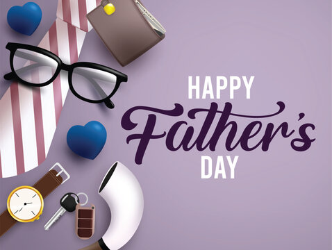 Father's day greeting clipart design. Happy father's day text clip art in purple background with bow tie, eye glasses, wallet, watch, key and blue heart elements greeting template vector illustration.