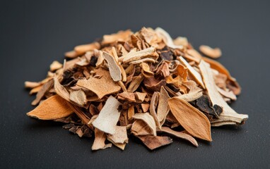 Dried Herbal Pieces on Dark Surface
