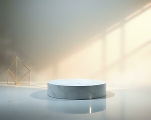 Minimalist white marble podium on a chrome base, centered in an ethereal space. Soft, glowing light casts subtle shadows, with a gradient charcoal-to-ivory mist backdrop and faint gold geometric 