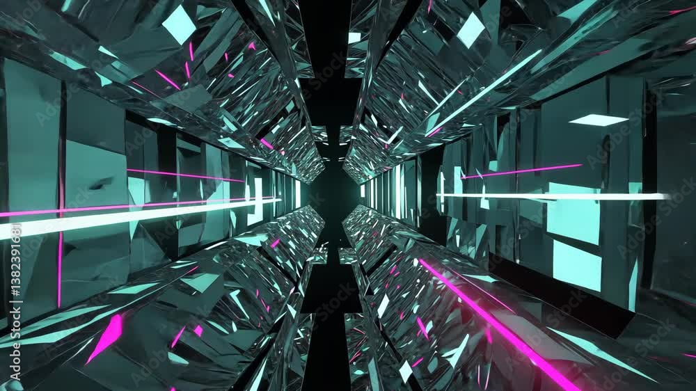 Poster futuristic tunnel with glowing lights and crystal-like structure in an abstract digital art display