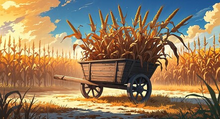 Old wooden wheelbarrow filled with dried cornstalks under a golden autumn sky anime cartoon style illustration artwork design background