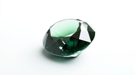 Fototapeta premium Stunning green gemstone with intricate facets reflecting light displayed on a clean surface, isolated on white background
